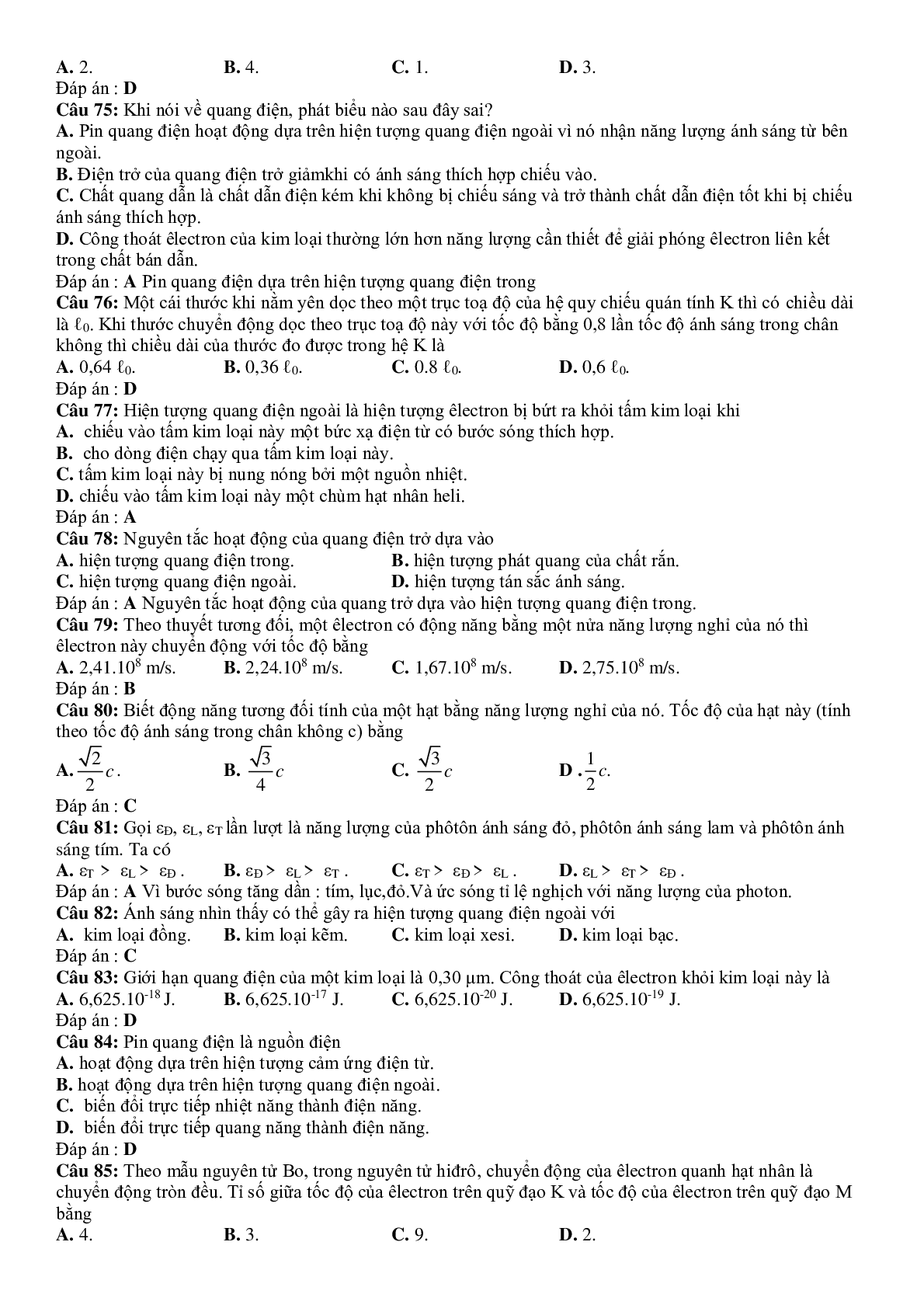 Tuyển tập 232 Câu hỏi lý thuyết Lượng tử ánh sáng có đáp án (trang 10)