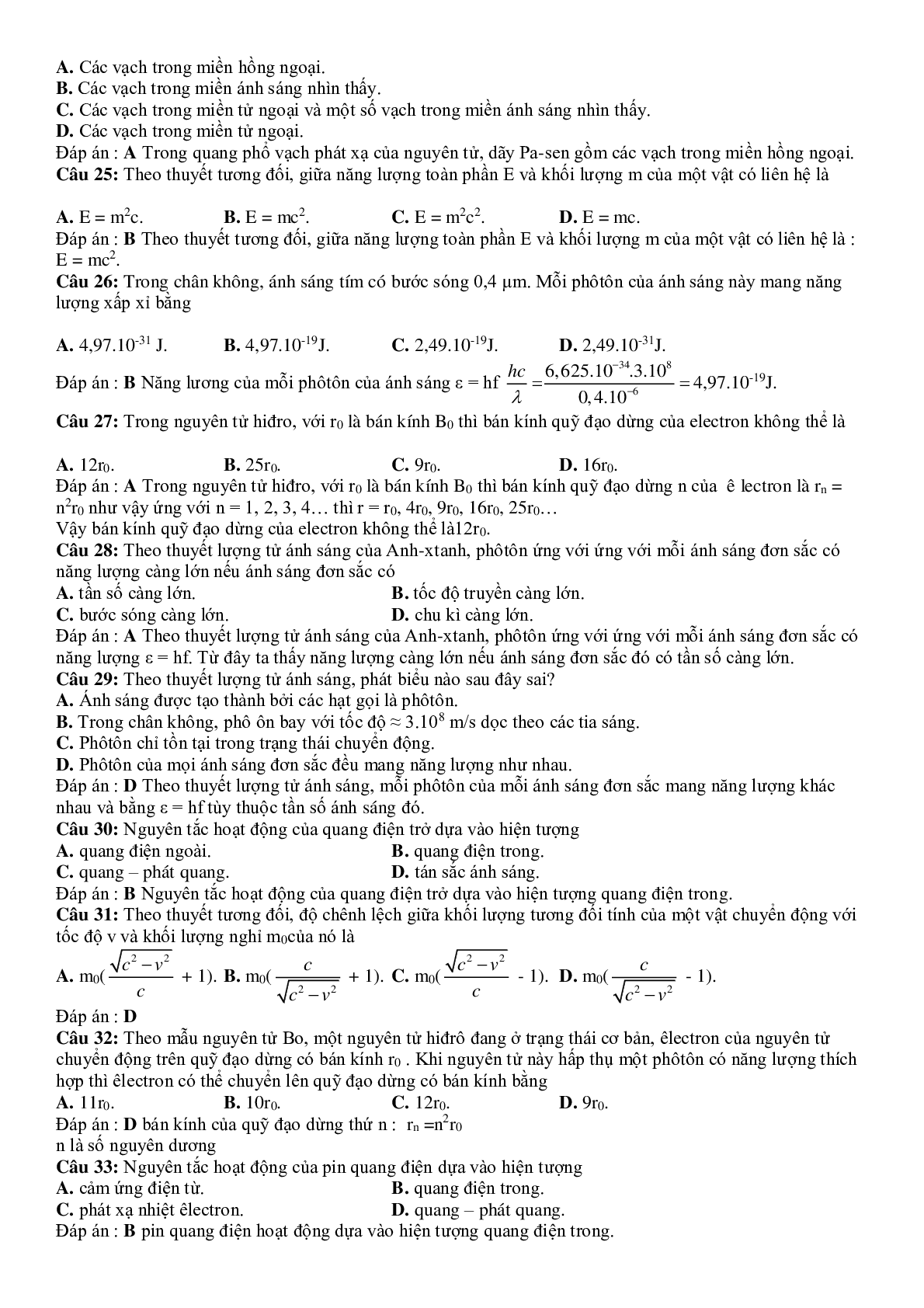 Tuyển tập 232 Câu hỏi lý thuyết Lượng tử ánh sáng có đáp án (trang 4)