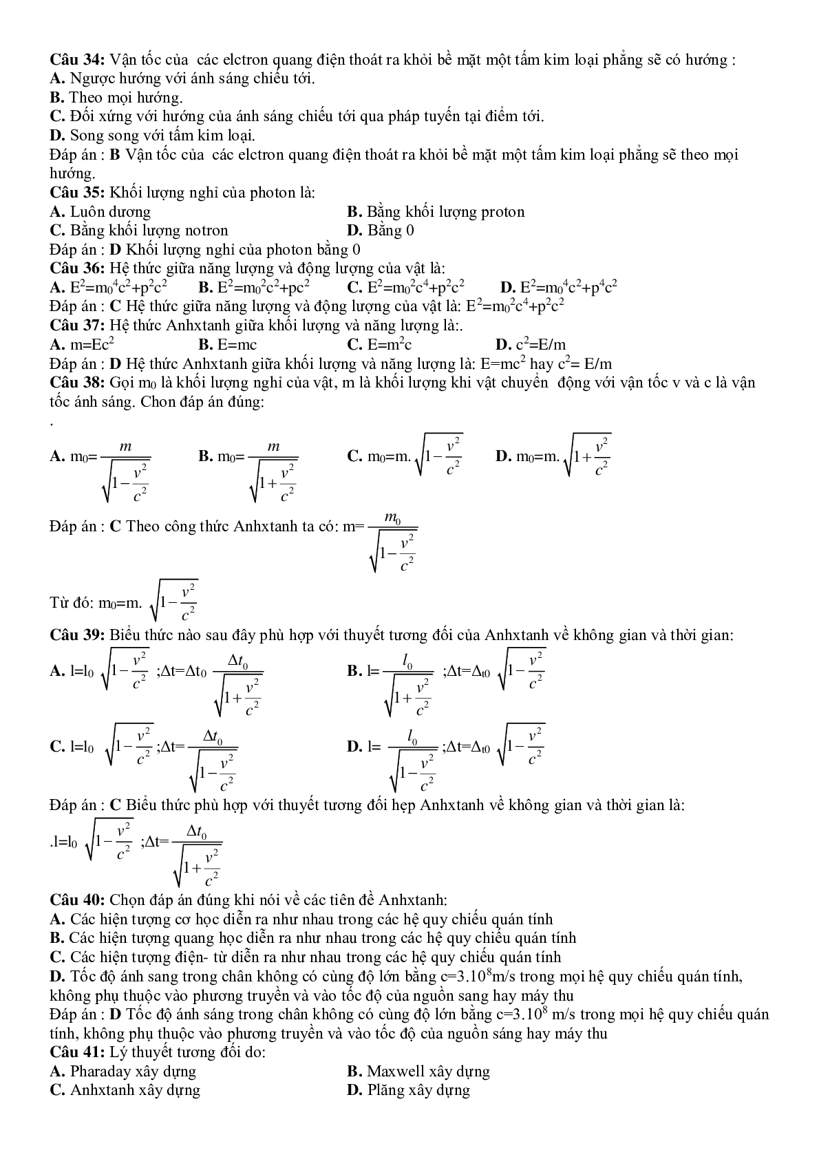 Tuyển tập 232 Câu hỏi lý thuyết Lượng tử ánh sáng có đáp án (trang 5)