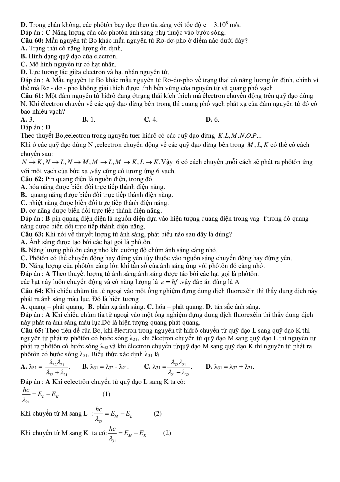 Tuyển tập 232 Câu hỏi lý thuyết Lượng tử ánh sáng có đáp án (trang 8)