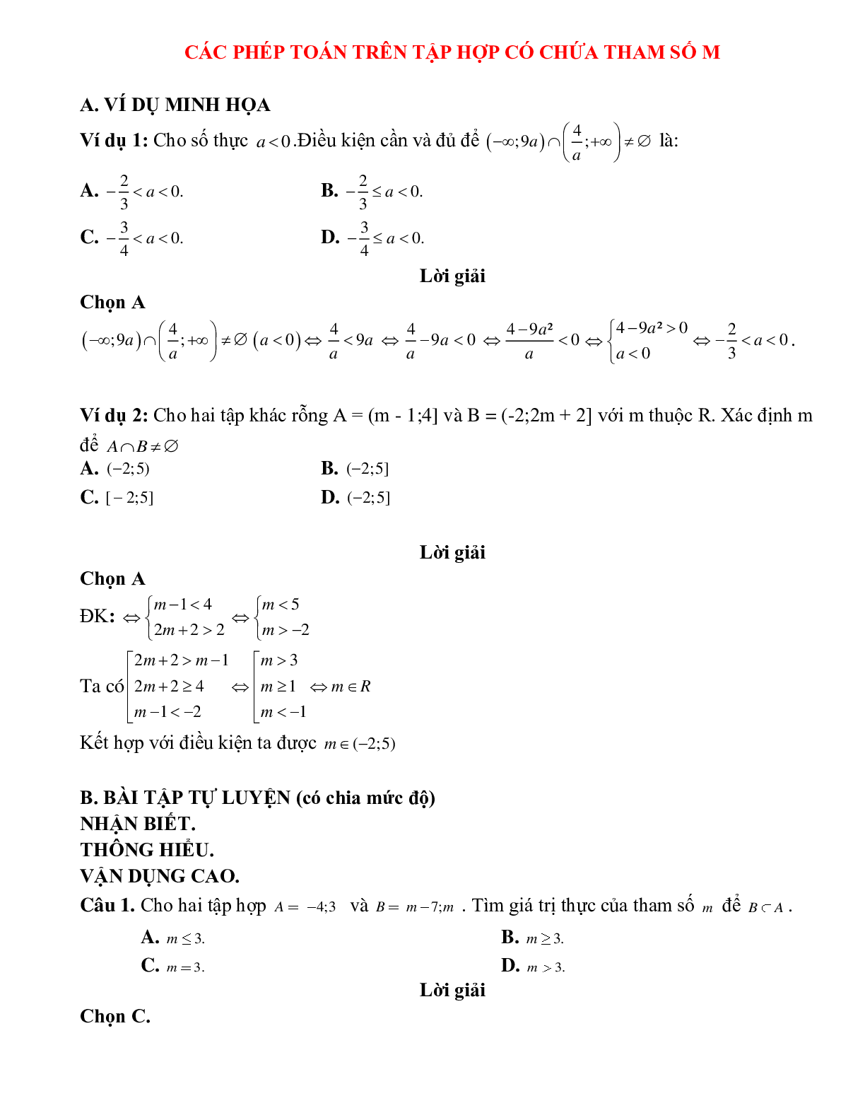 Bài tập tự luyện các phép toán trên tập hợp có chứa tham số M Toán 10 (trang 1)