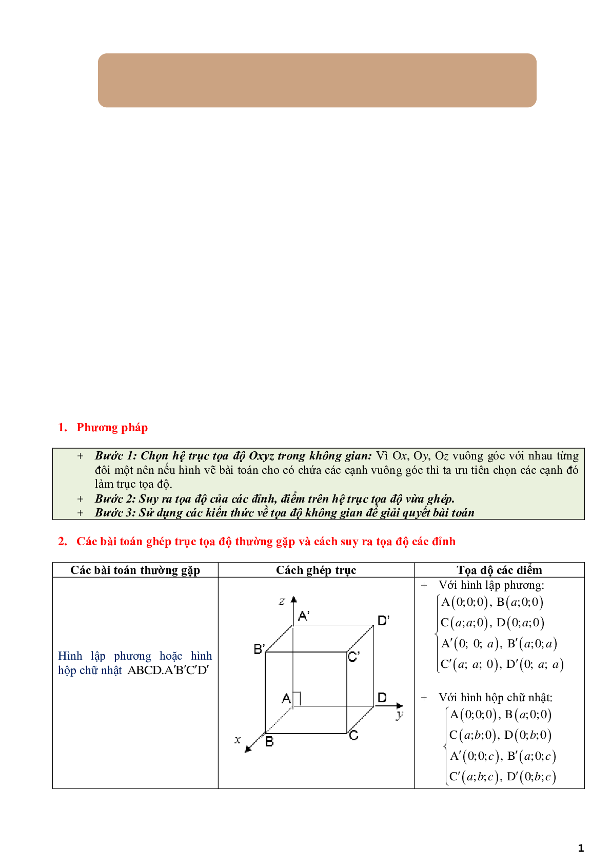 Ứng dụng phương pháp tọa độ để giải bài toán hình học không gian - phần 2 (trang 1)