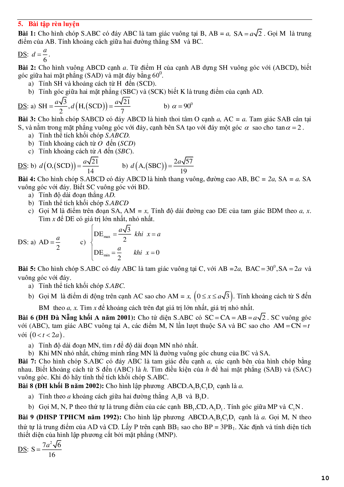 Ứng dụng phương pháp tọa độ để giải bài toán hình học không gian - phần 2 (trang 10)