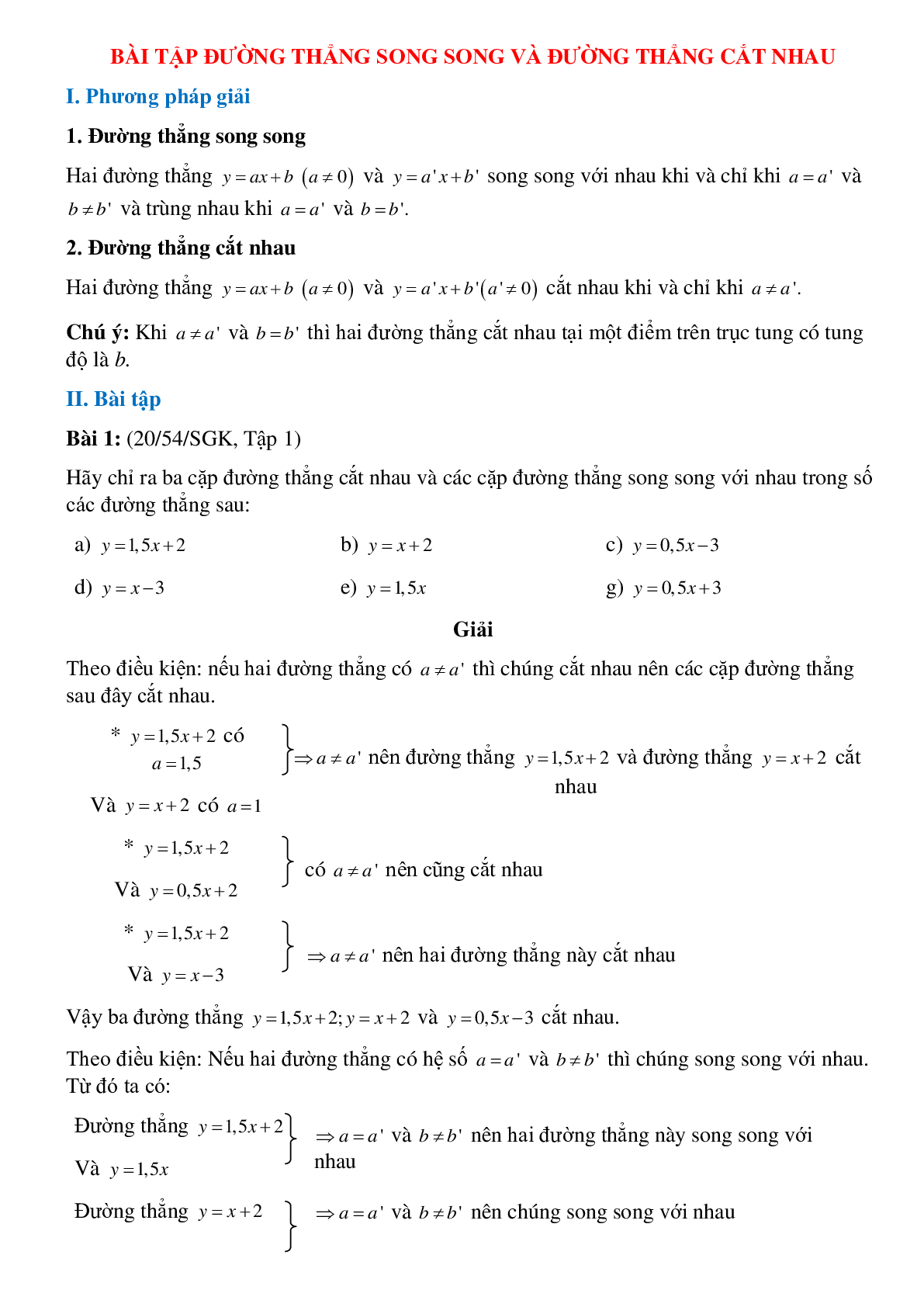 50 Bài tập Đường thẳng song song và đường thẳng cắt nhau (có đáp án)- Toán 9 (trang 1)