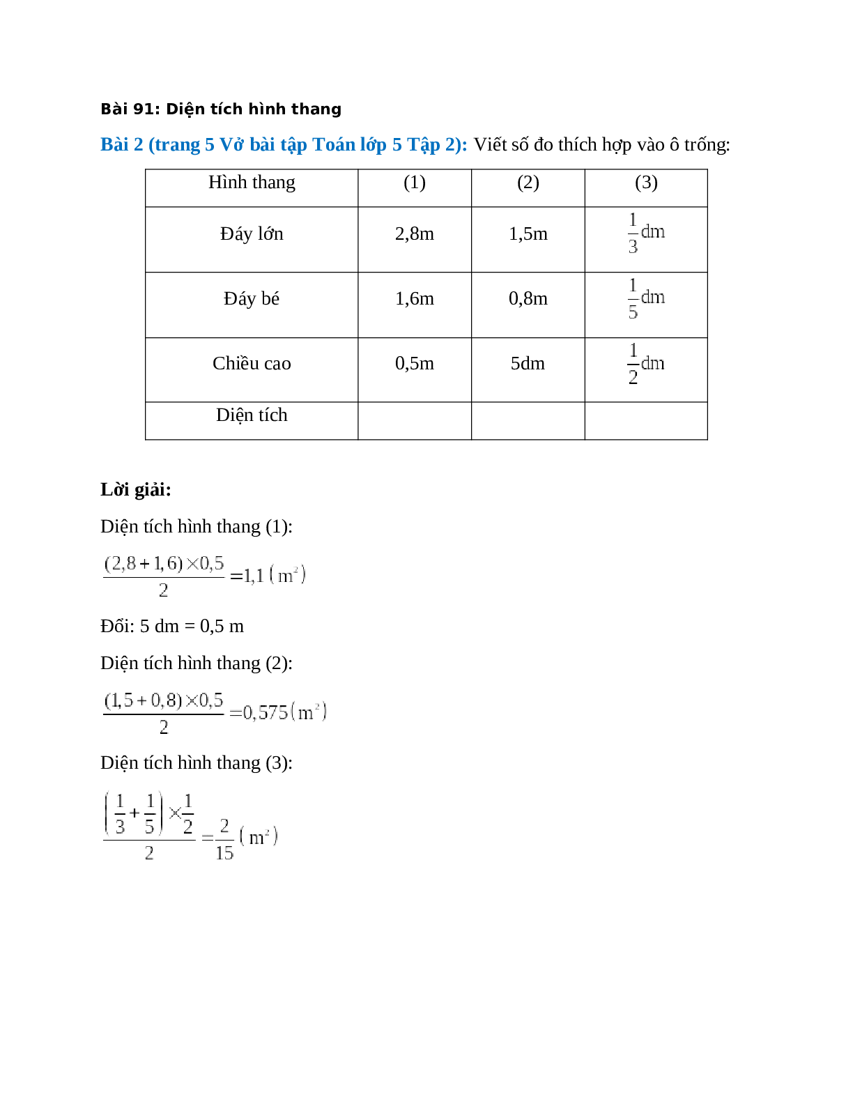 Viết số đo thích hợp vào ô trống Bài 2 trang 5 Vở bài tập Toán lớp 5 (trang 1)