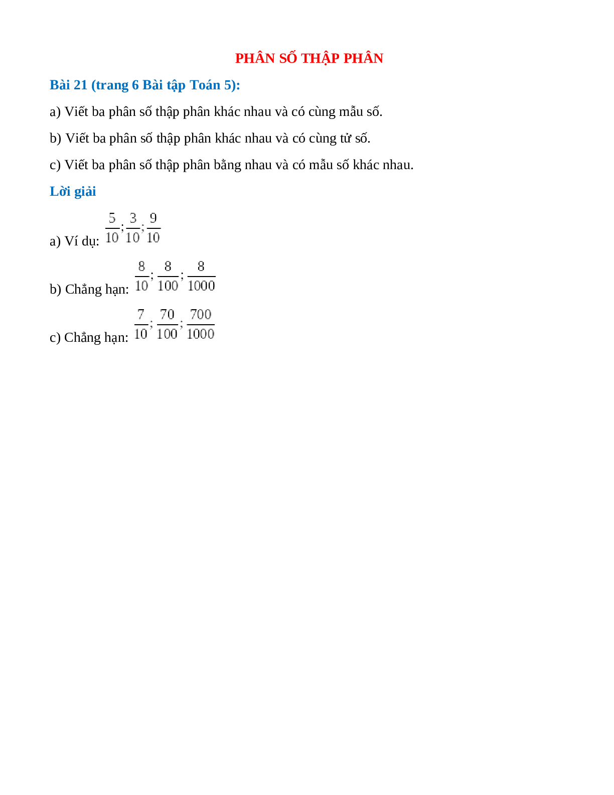 Viết ba phân số thập phân khác nhau và có cùng mẫu số (trang 1)