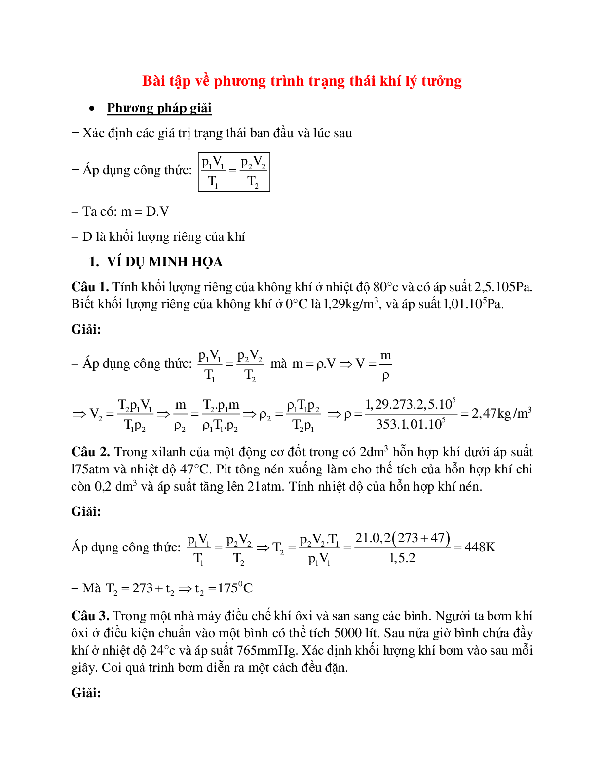Bài tập về phương trình trạng thái khí lý tưởng có lời giải (trang 1)