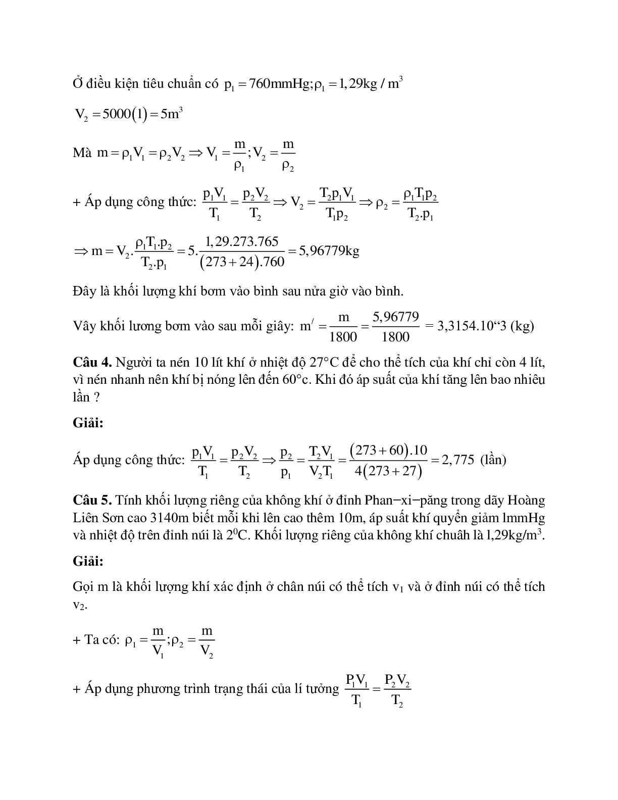 Bài tập về phương trình trạng thái khí lý tưởng có lời giải (trang 2)