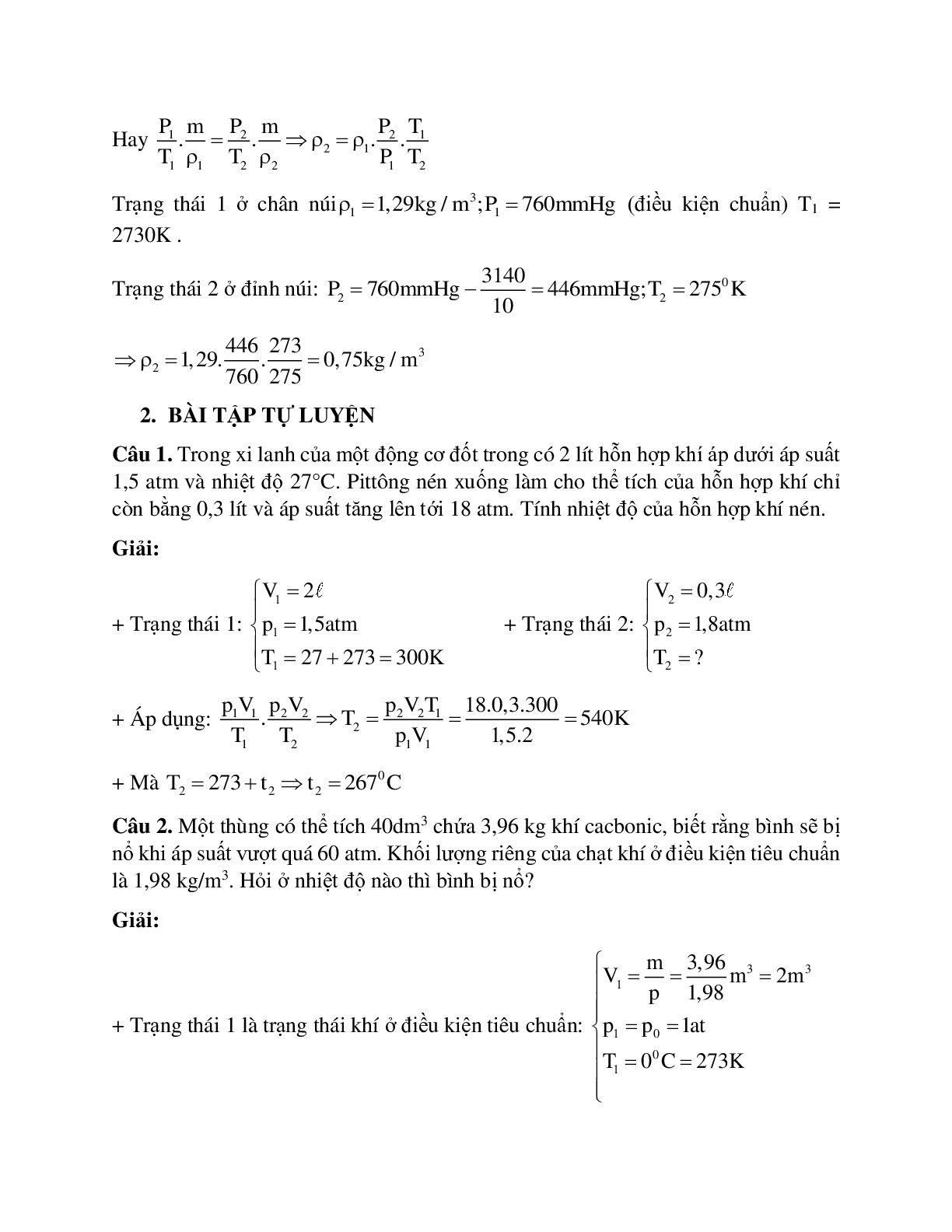Bài tập về phương trình trạng thái khí lý tưởng có lời giải (trang 3)