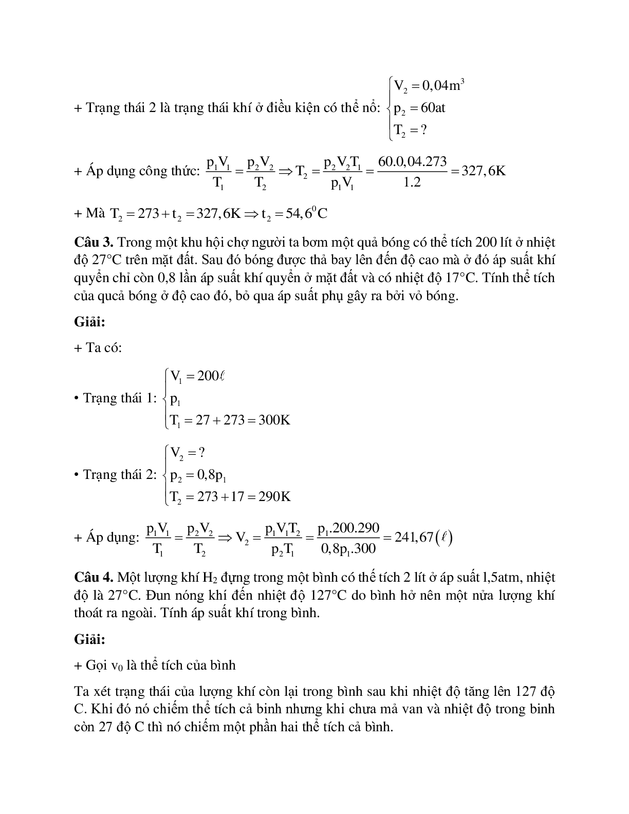 Bài tập về phương trình trạng thái khí lý tưởng có lời giải (trang 4)