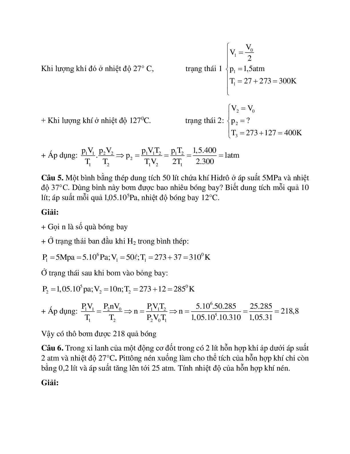 Bài tập về phương trình trạng thái khí lý tưởng có lời giải (trang 5)