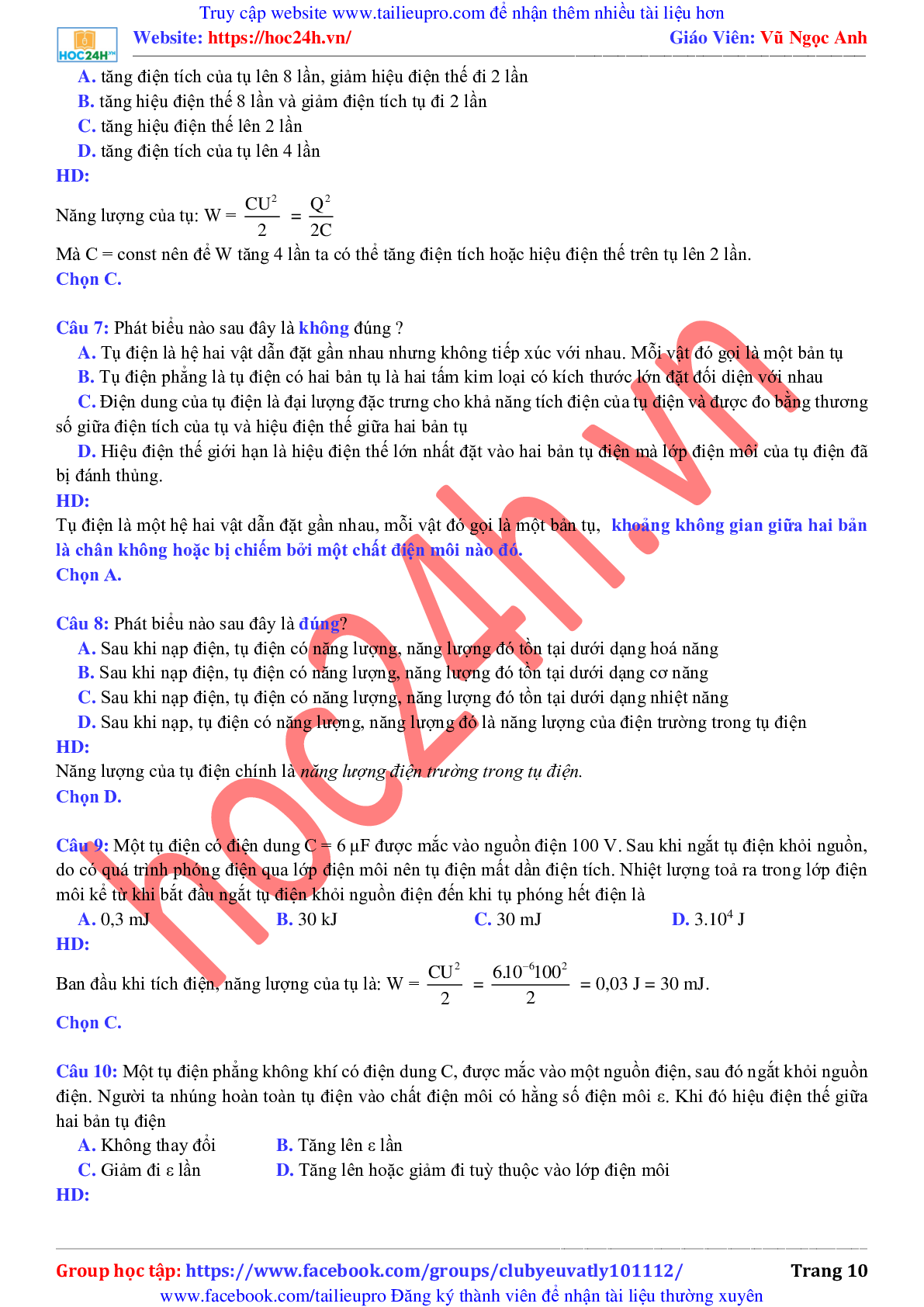 Bài tập về tụ điện có hướng dẫn giải chi tiết môn Vật lý lớp 11 (trang 10)