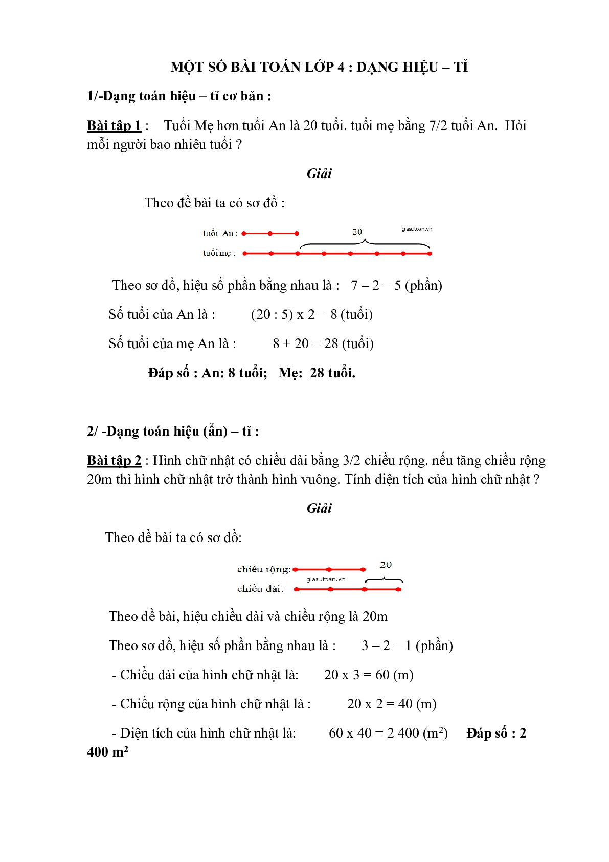 Các bài toán dạng hiệu tỉ môn Toán lớp 4 (trang 1)