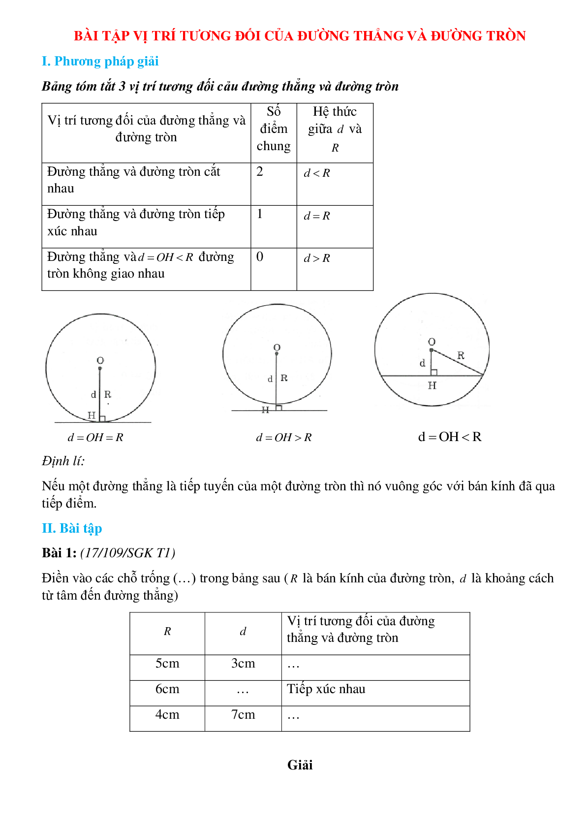 50 Bài tập Vị trí tương đối của đường thẳng và đường tròn (có đáp án)- Toán 9 (trang 1)