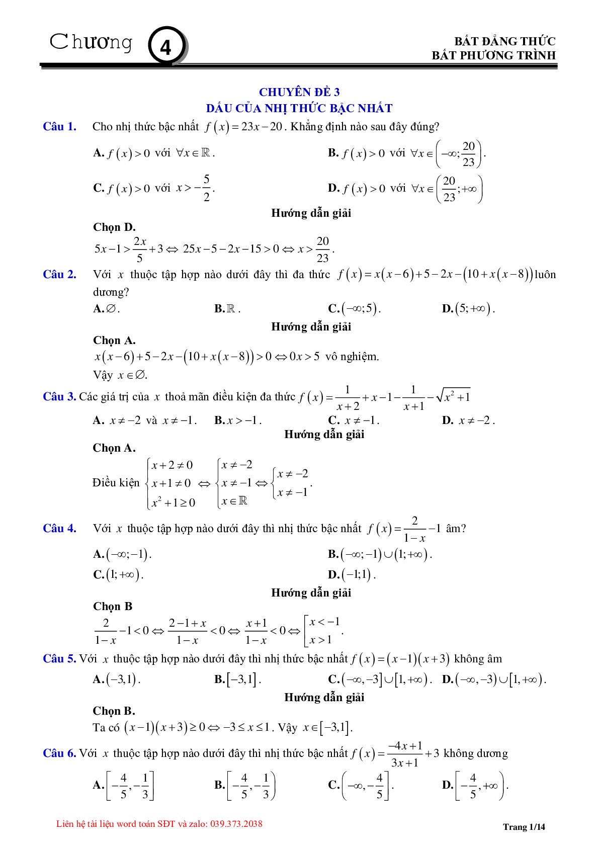 Chuyên đề dấu của nhị thức bậc nhất (trang 1)