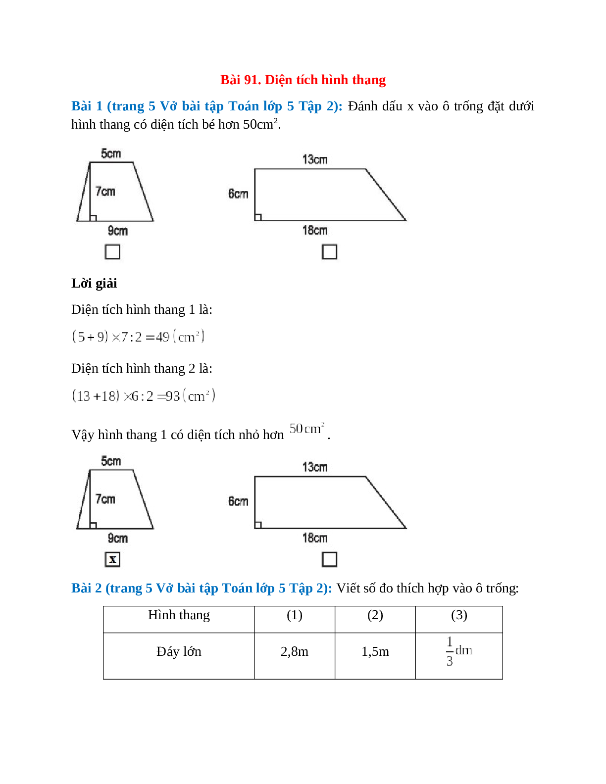 Vở bài tập Toán lớp 5 Tập 2 trang 5 Bài 91: Diện tích hình thang (trang 1)