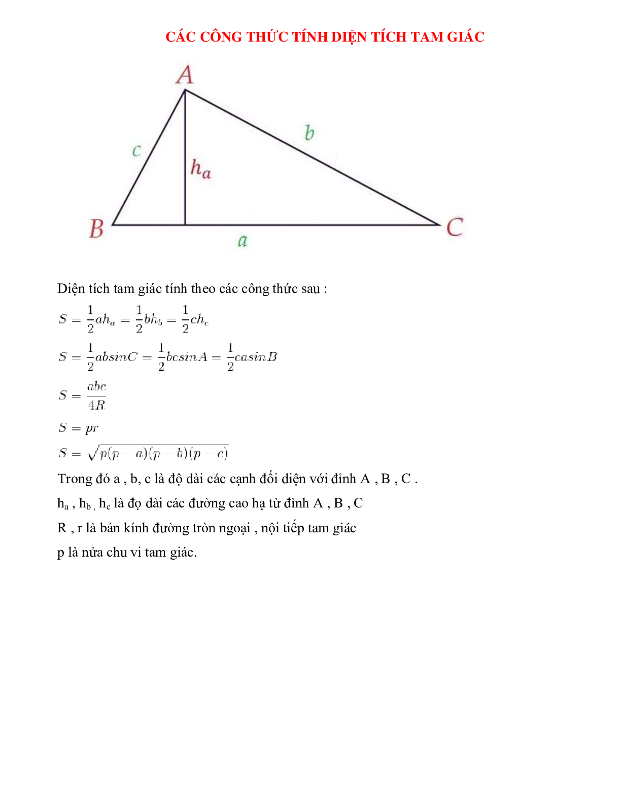 Các công thức tính diện tích tam giác (trang 1)