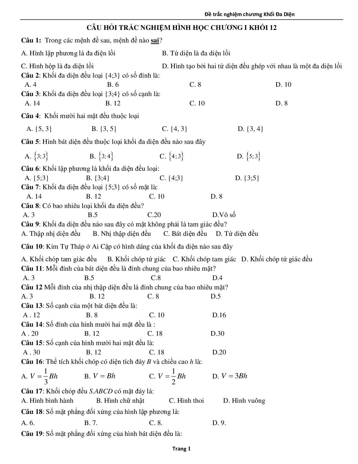 75 câu trắc nghiệm khối đa diện THPT Bình Phúc - có đáp án (trang 1)