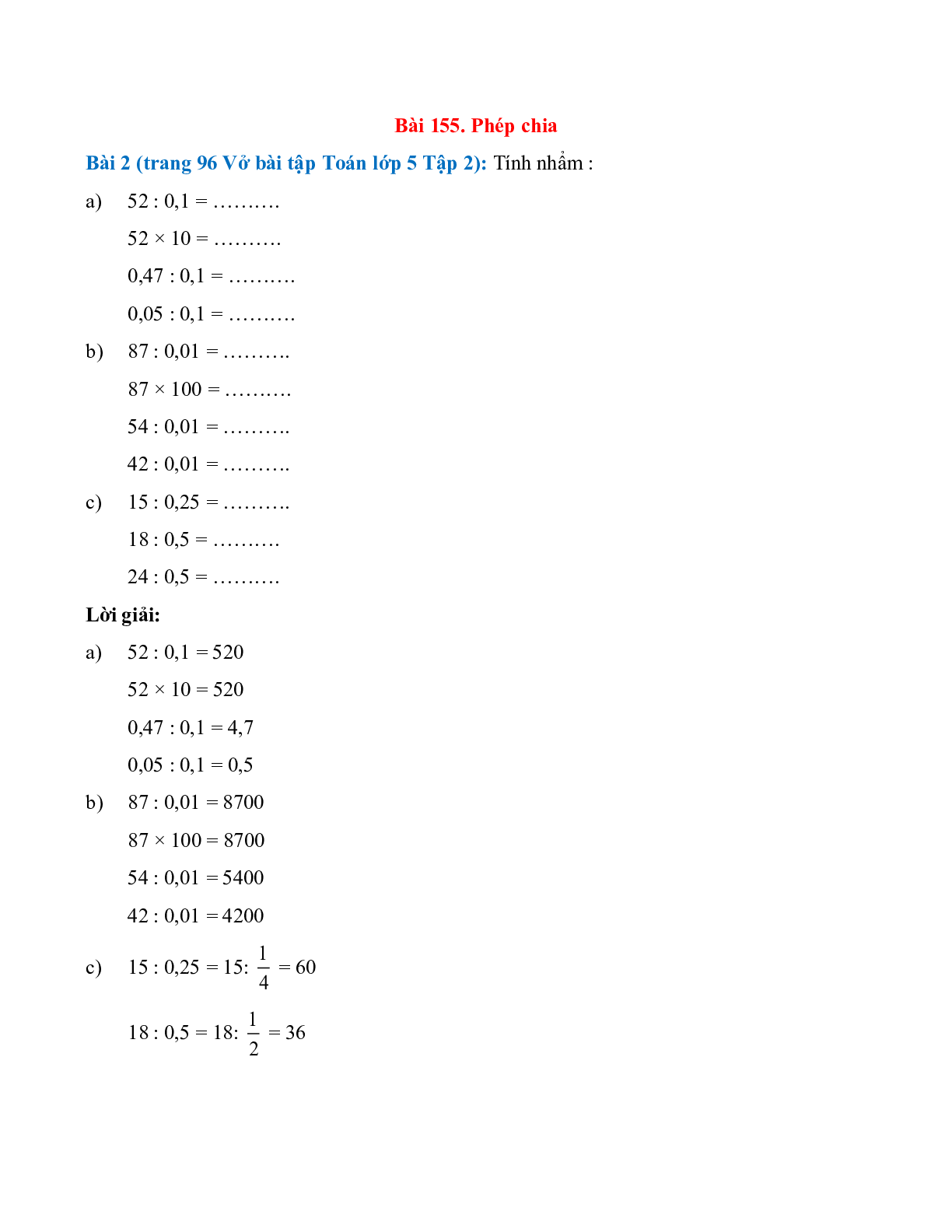 Tính nhẩm: 52 : 0,1 = ..; 52 × 10 = ... (trang 1)