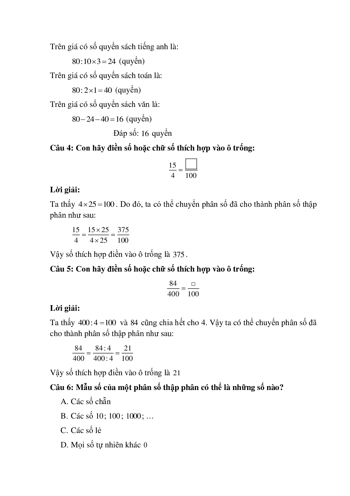 10 câu Trắc nghiệm Phân số thập phân có đáp án 2023 – Toán lớp 5 (trang 2)