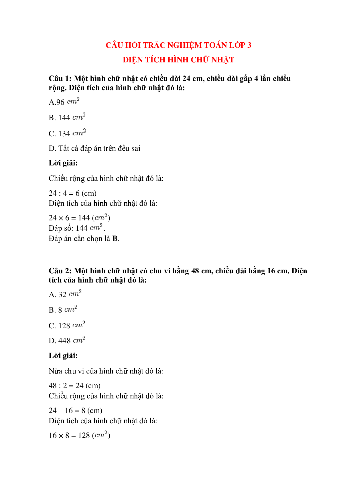 Trắc nghiệm Diện tích hình chữ nhật có đáp án – Toán lớp 3 (trang 1)