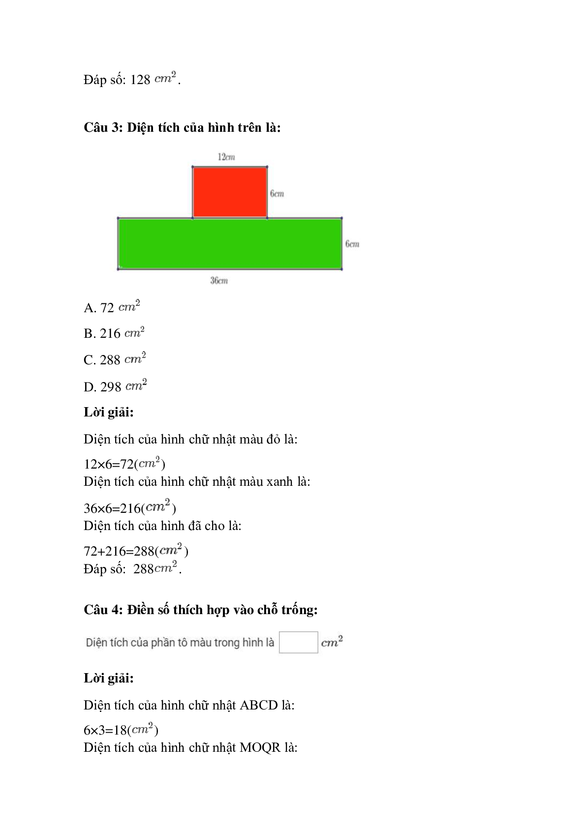 Trắc nghiệm Diện tích hình chữ nhật có đáp án – Toán lớp 3 (trang 2)