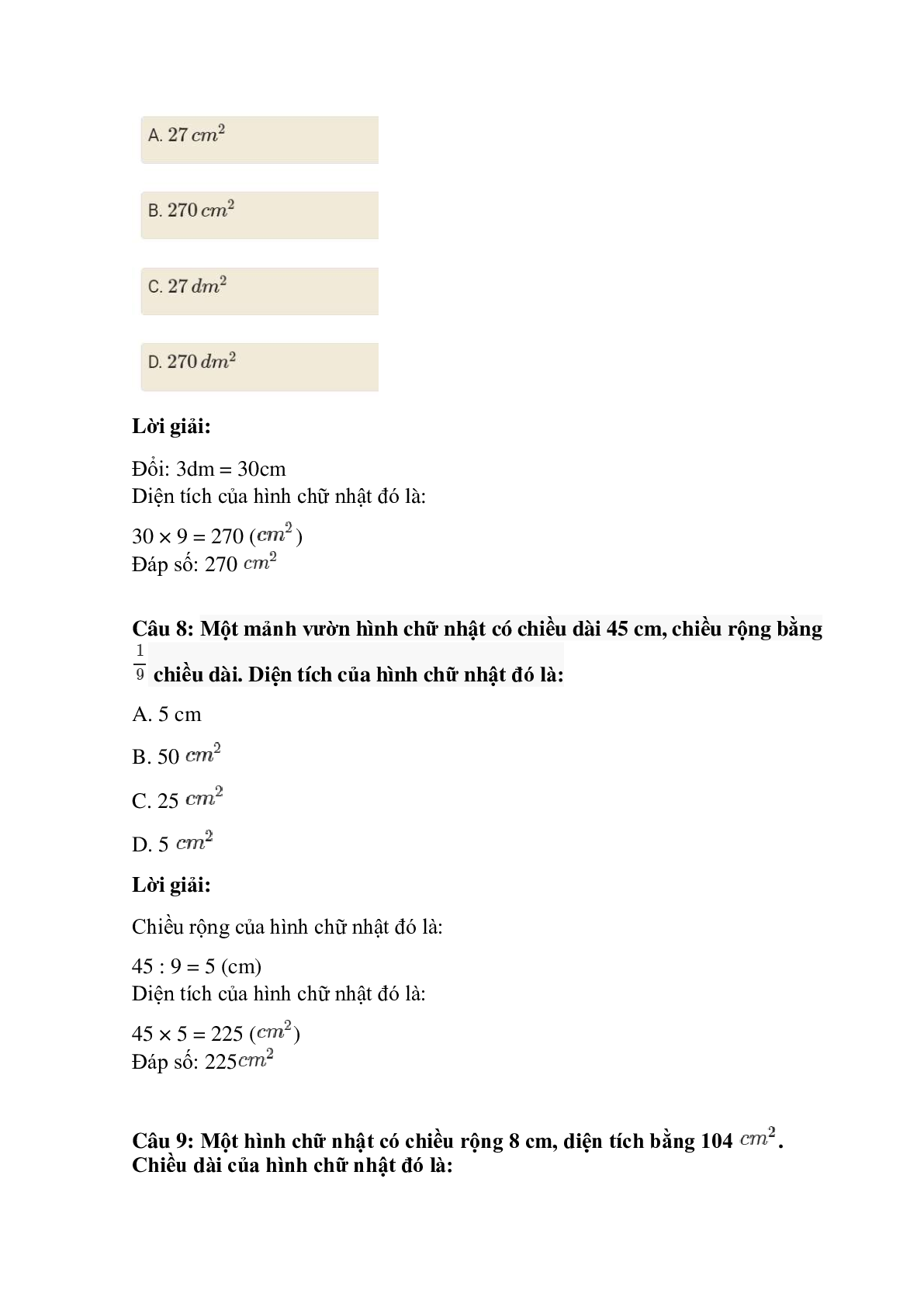 Trắc nghiệm Diện tích hình chữ nhật có đáp án – Toán lớp 3 (trang 4)