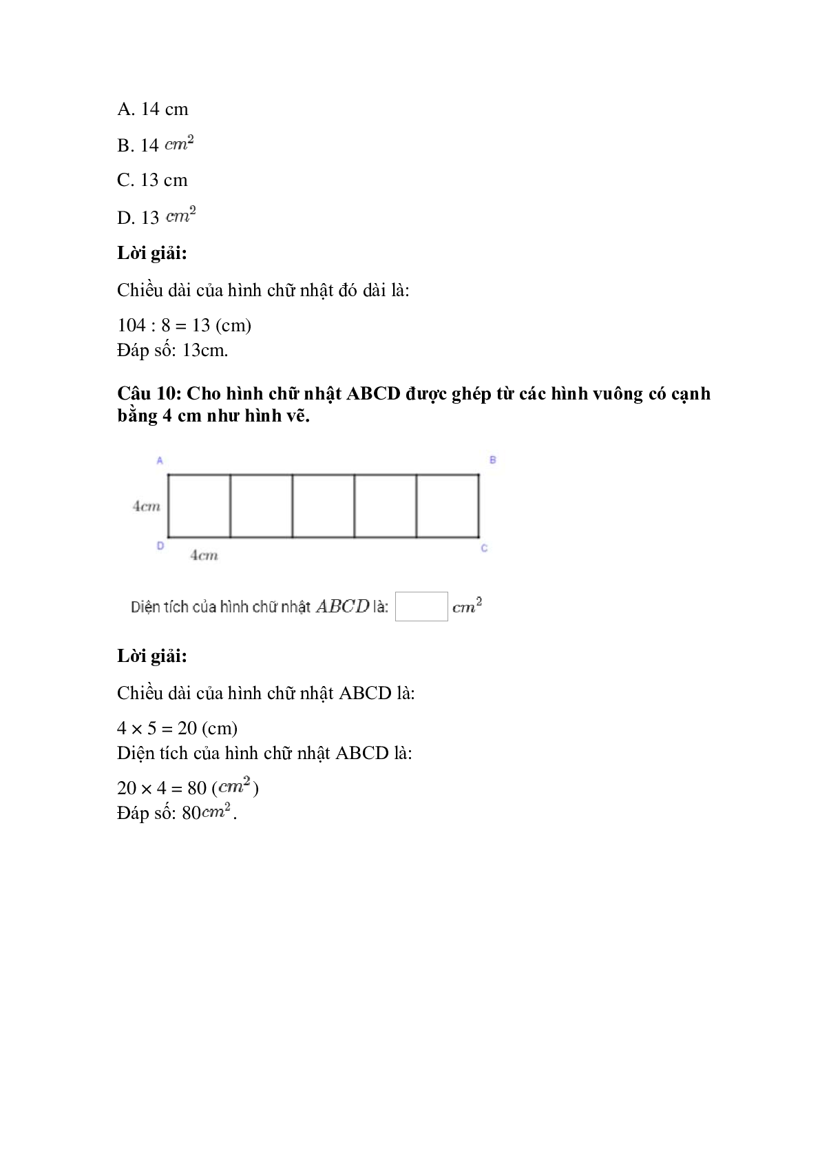 Trắc nghiệm Diện tích hình chữ nhật có đáp án – Toán lớp 3 (trang 5)