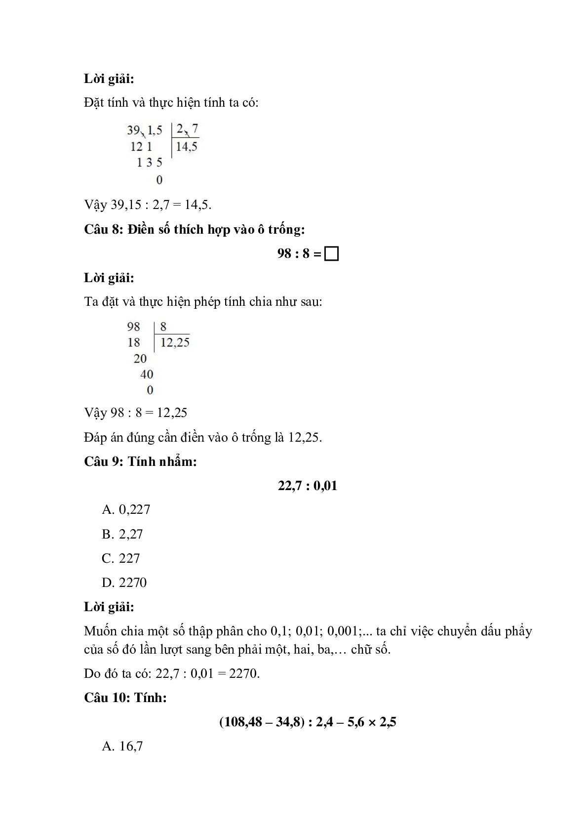 14 câu Trắc nghiệm Luyện tập về phép chia số thập phân có đáp án 2023 – Toán lớp 5 (trang 4)