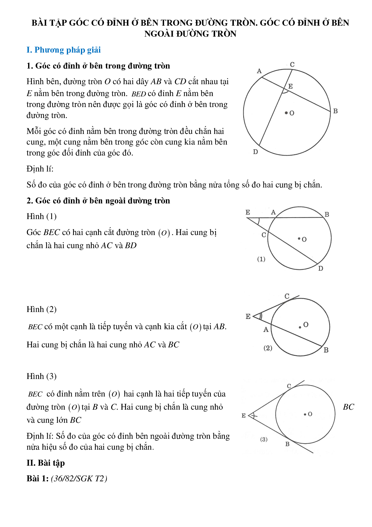 50 Bài tập Góc có đỉnh ở bên trong đường tròn. Góc có đỉnh ở bên ngoài đường tròn (có đáp án)- Toán 9 (trang 1)