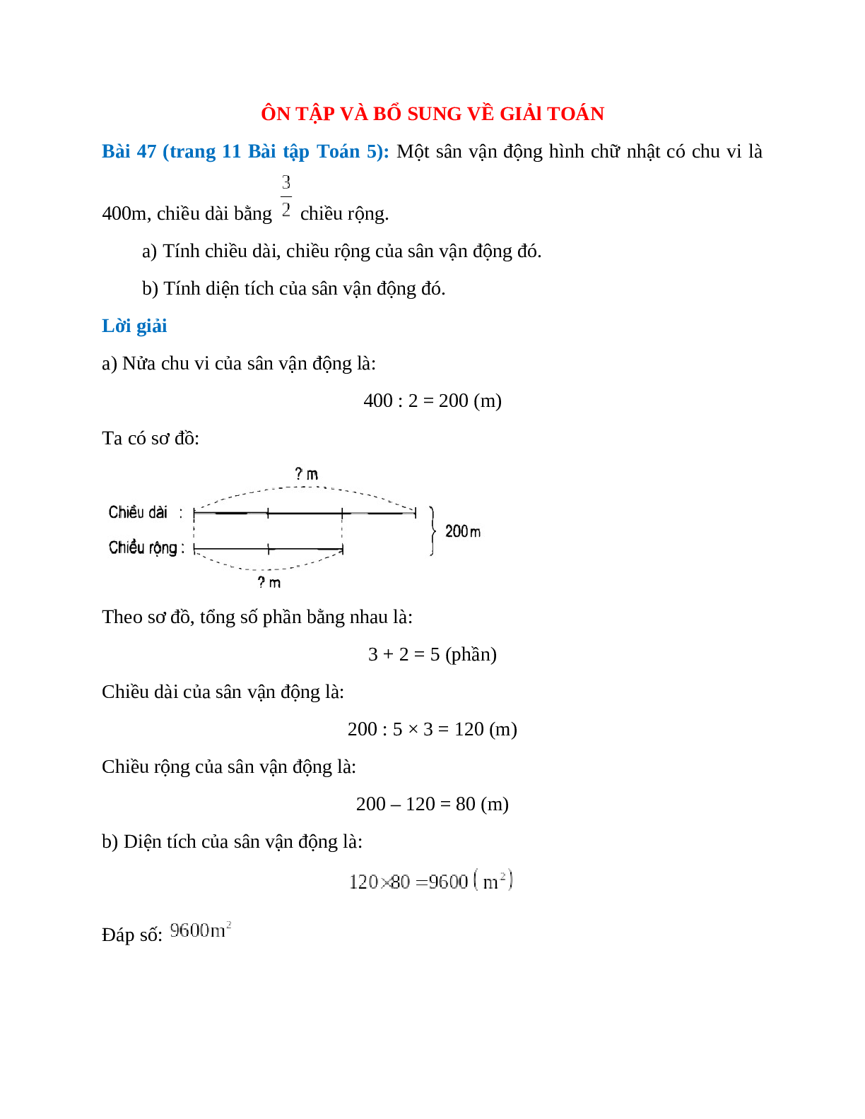 Một sân vận động hình chữ nhật có chu vi là 400m, chiều dài bằng 3/2 chiều rộng (trang 1)