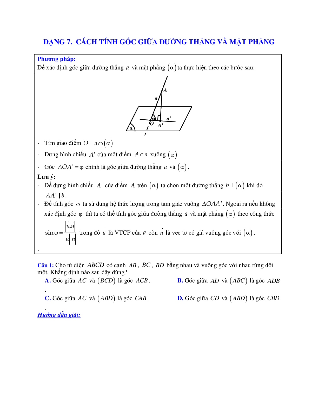 Phương pháp giải và bài tập về Cách tính góc giữa đường thẳng và mặt phẳng (trang 1)