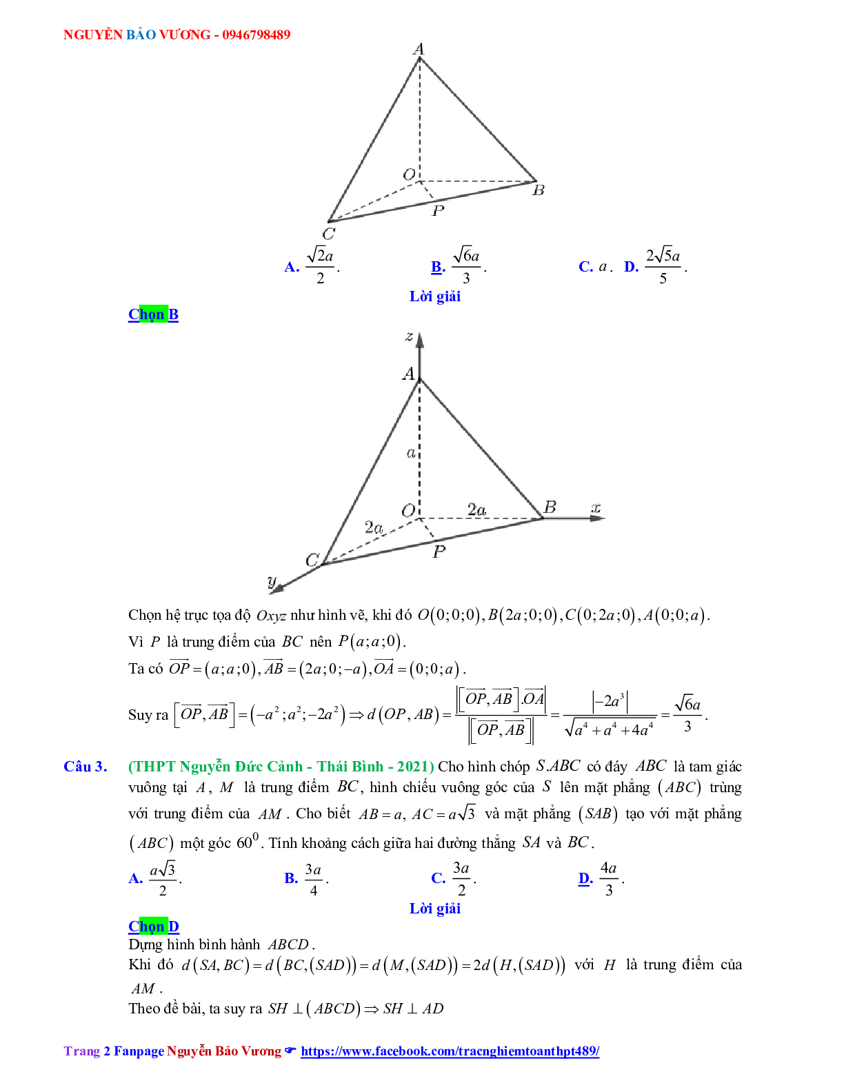 Trắc nghiệm Ôn thi THPT QG Toán 12: Đáp án hình học không gian mức độ vận dụng (trang 2)
