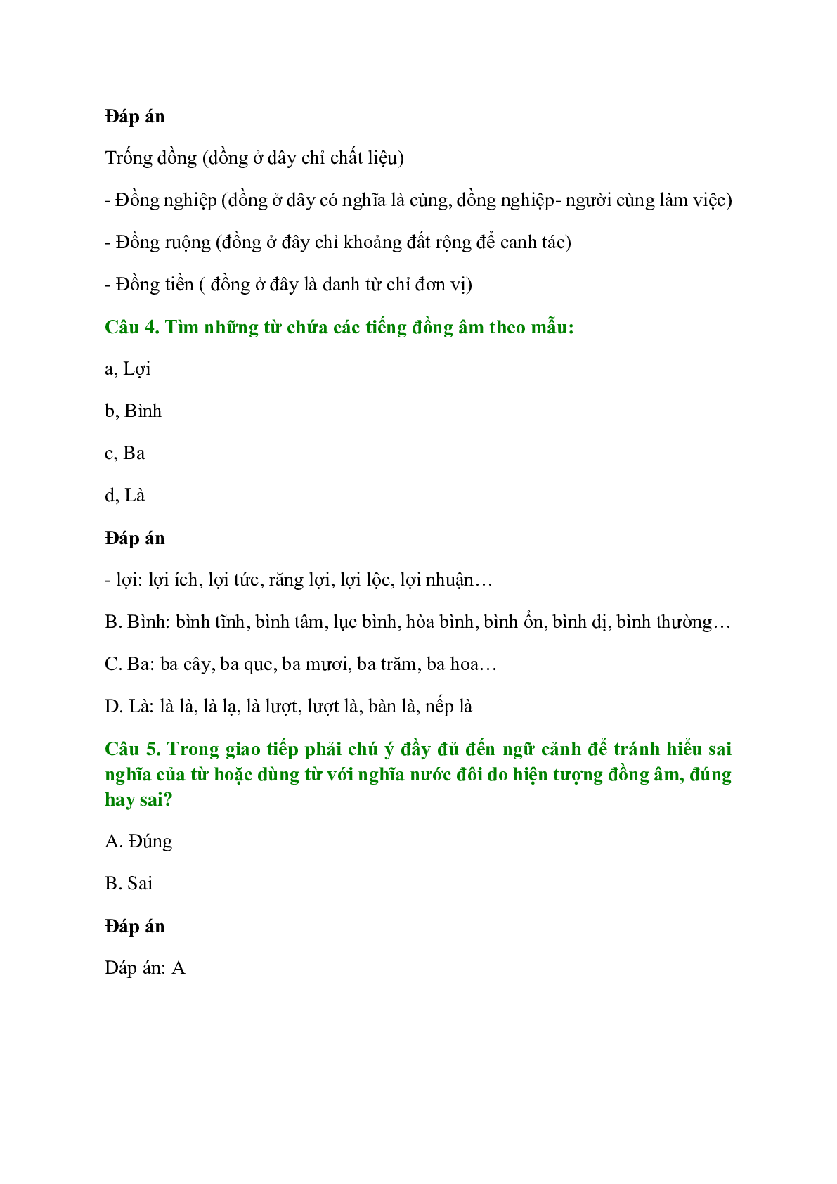 Trắc nghiệm Từ đồng âm có đáp án – Ngữ văn lớp 7 (trang 2)