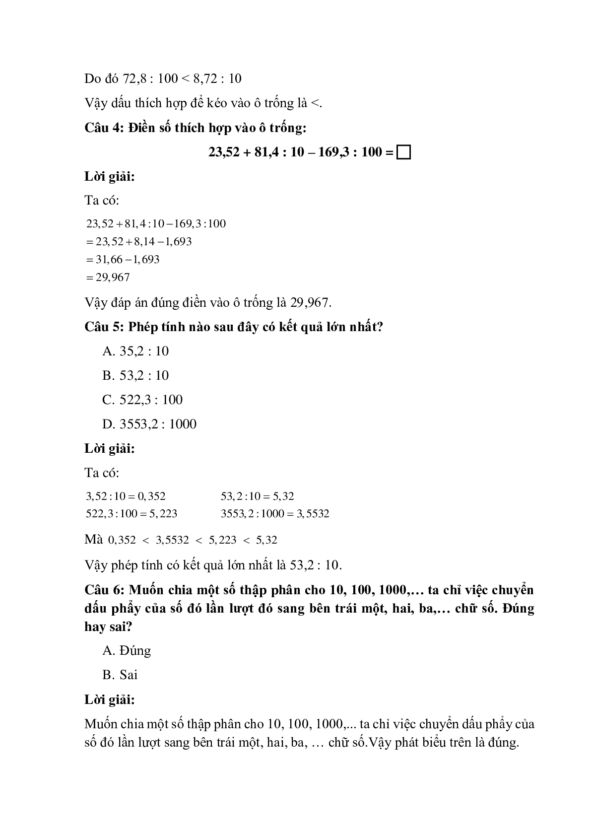 12 câu Trắc nghiệm Chia một số thập phân cho 10, 100, 1000,... có đáp án 2023 – Toán lớp 5 (trang 2)