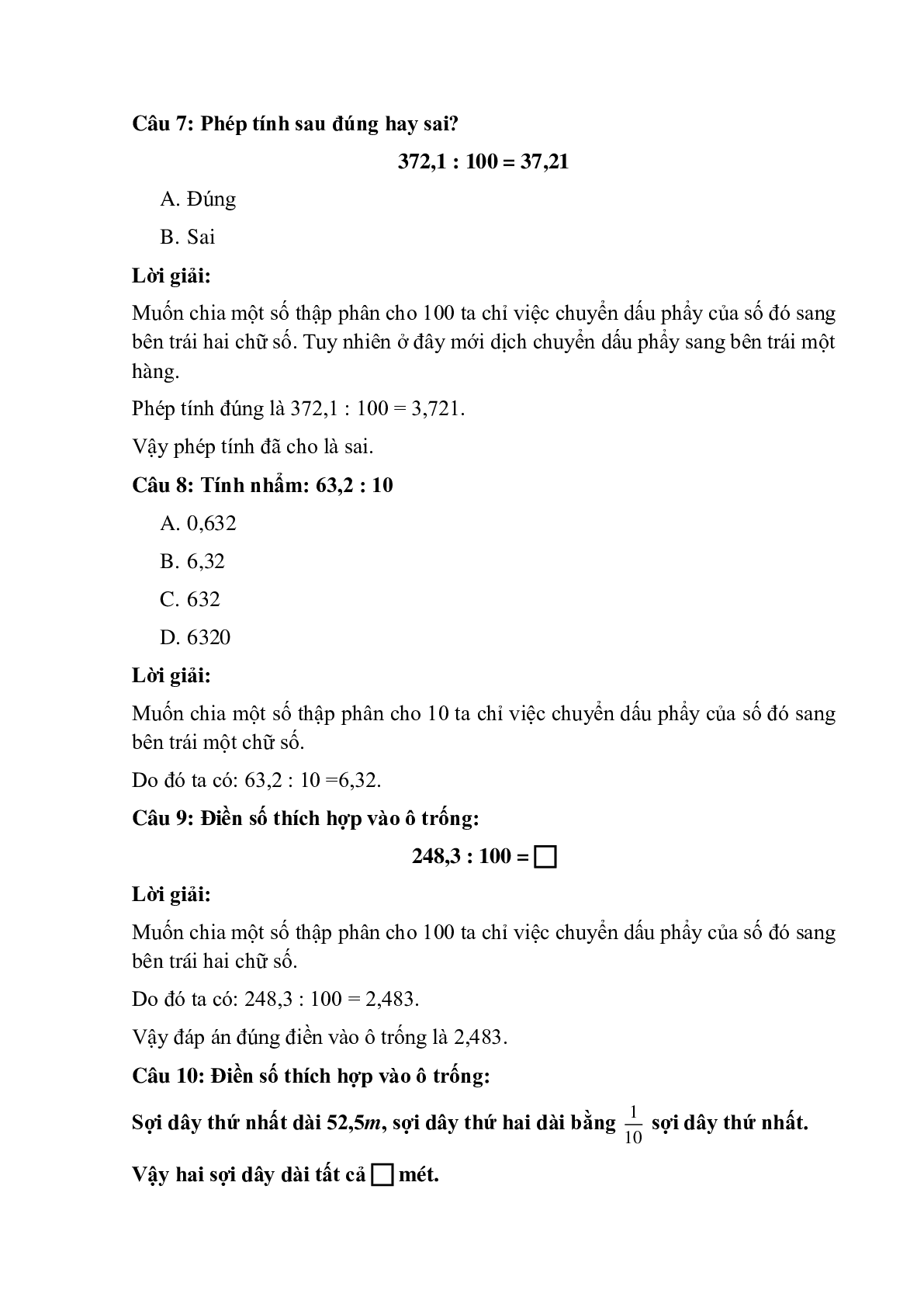 12 câu Trắc nghiệm Chia một số thập phân cho 10, 100, 1000,... có đáp án 2023 – Toán lớp 5 (trang 3)