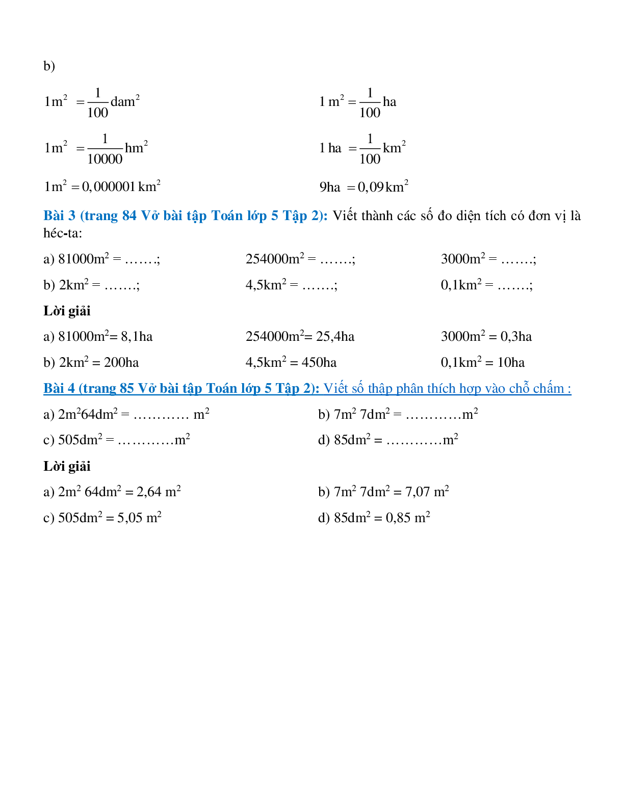 Vở bài tập Toán lớp 5 Tập 2 trang 84, 85 Bài 146: Ôn tập về đo diện tích (trang 4)