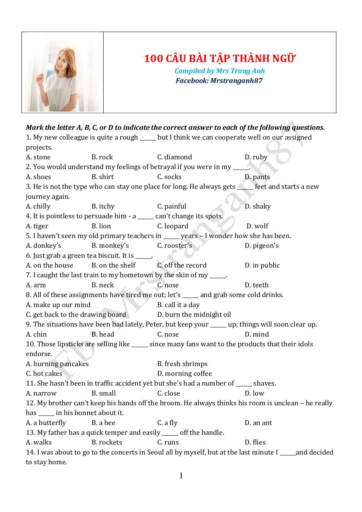 100 câu trắc nghiệm về thành ngữ môn Tiếng Anh (trang 1)