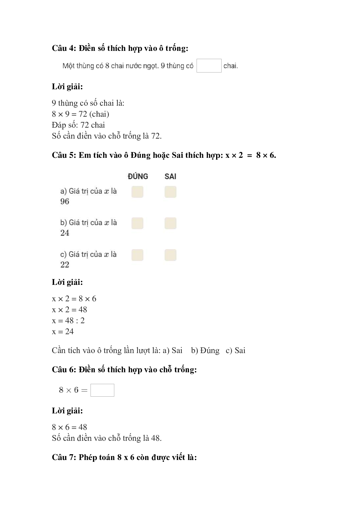 Trắc nghiệm Bảng nhân 8 có đáp án – Toán lớp 3 (trang 2)