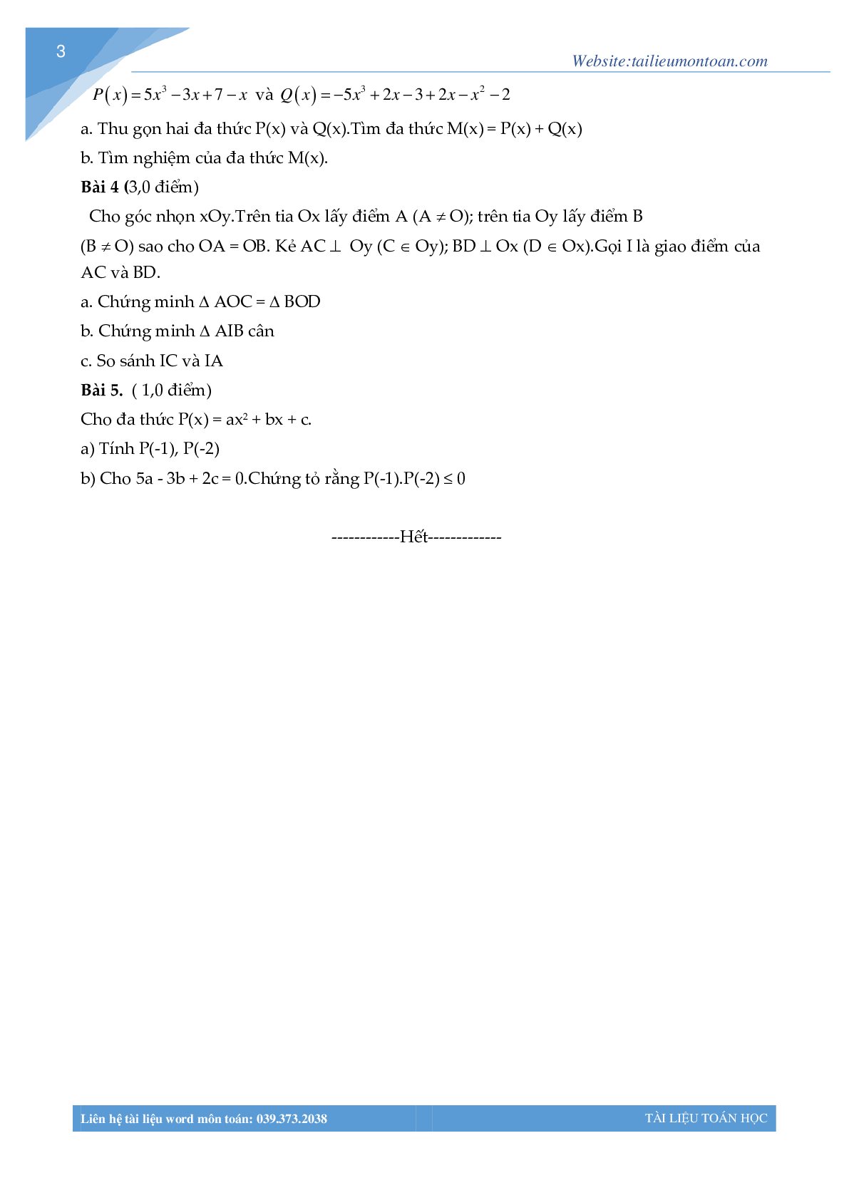 Tuyển tập đề thi môn Toán học kì 2 lớp 7 có đáp án (trang 4)