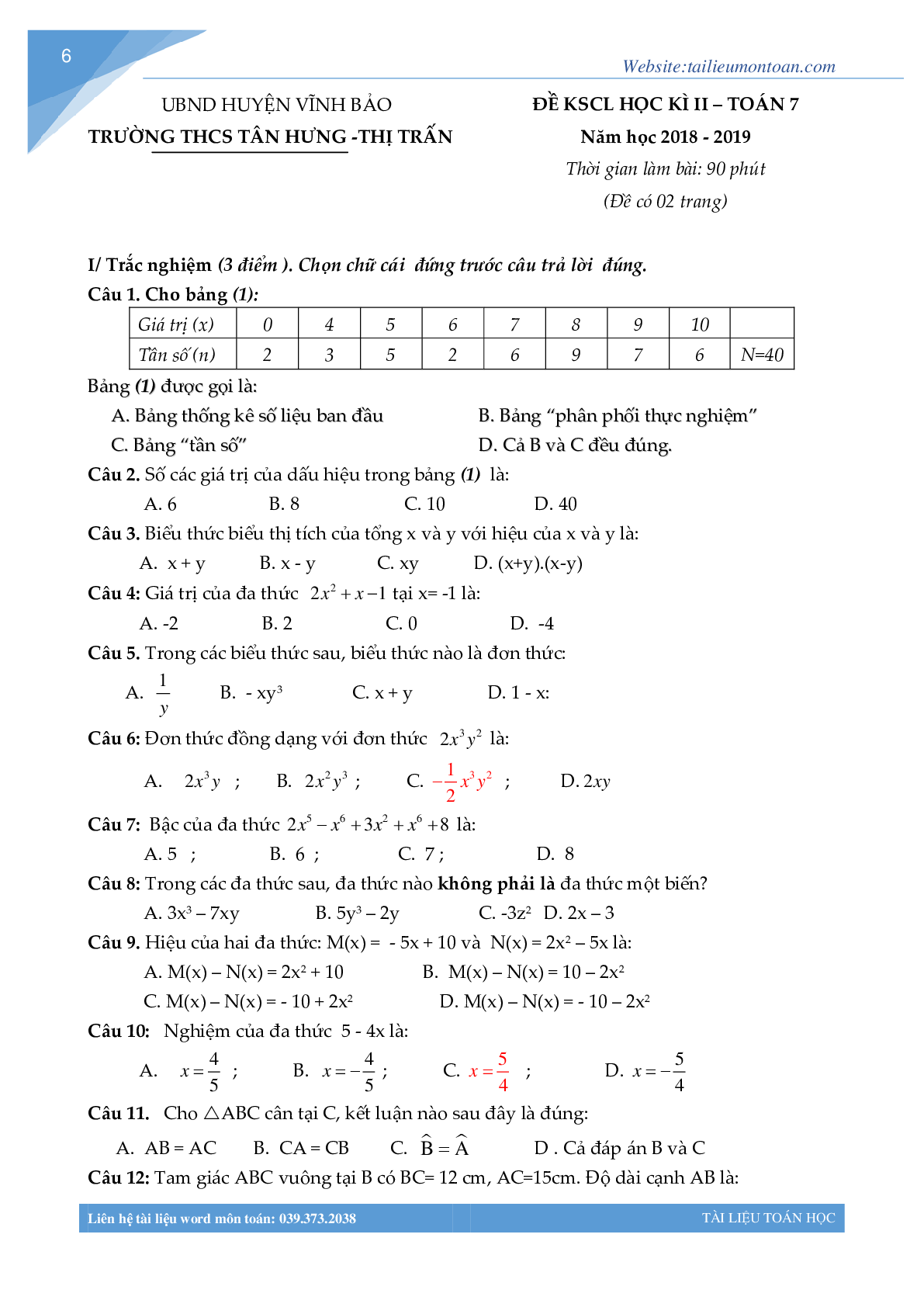 Tuyển tập đề thi môn Toán học kì 2 lớp 7 có đáp án (trang 7)