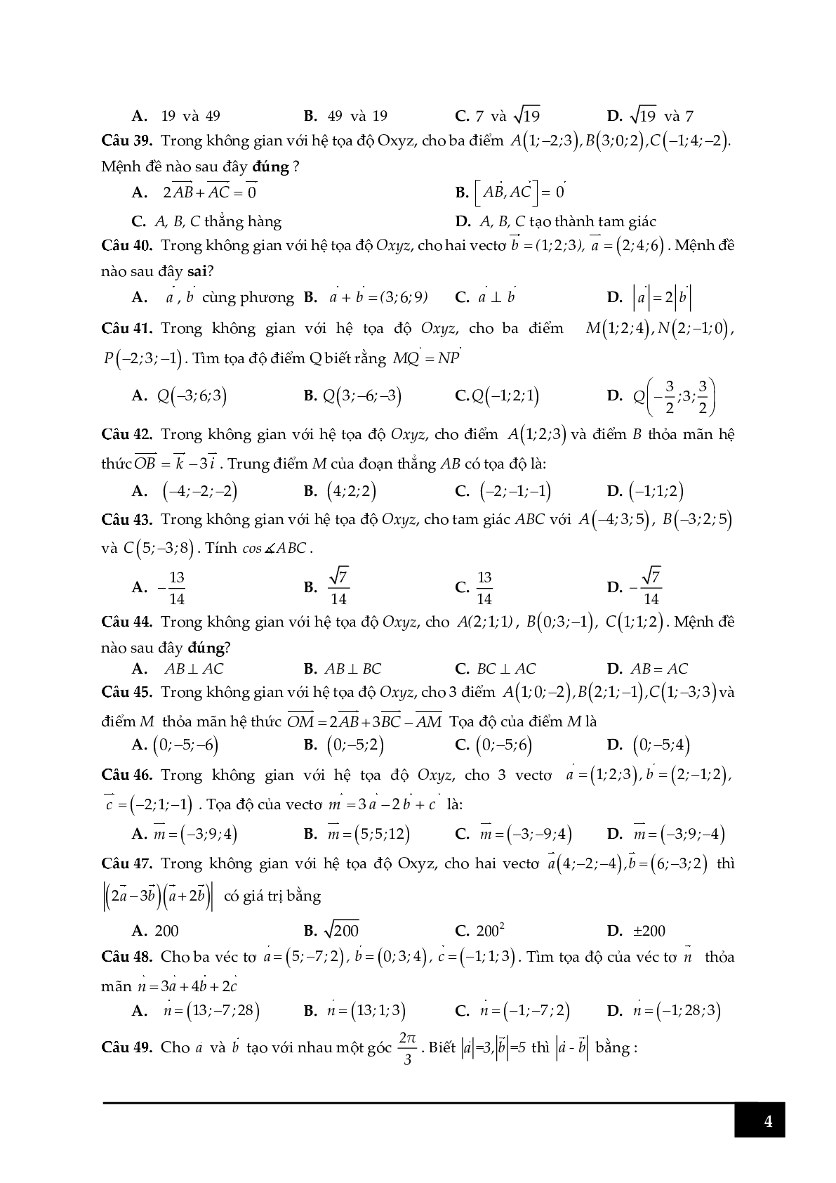 100 câu hỏi trắc nghiệm về tọa độ điểm trong Oxyz (trang 4)