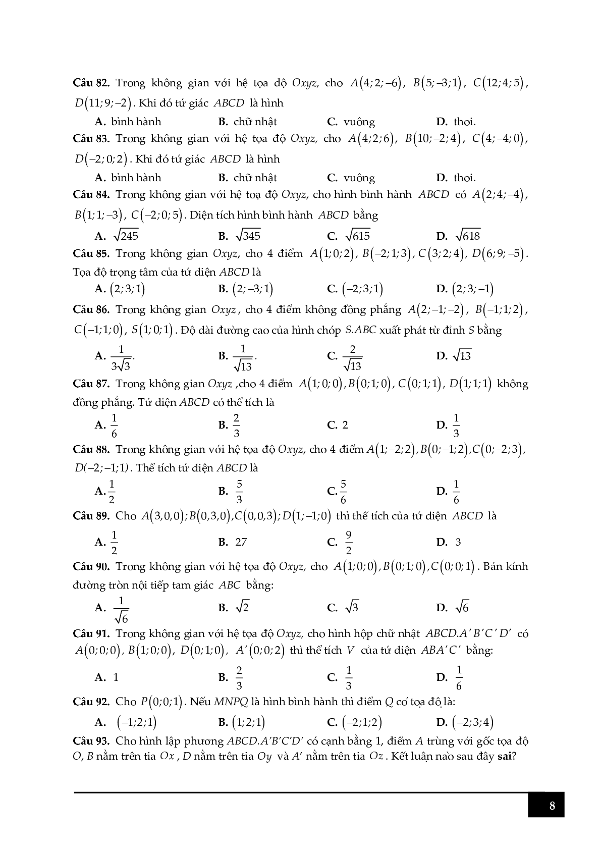 100 câu hỏi trắc nghiệm về tọa độ điểm trong Oxyz (trang 8)
