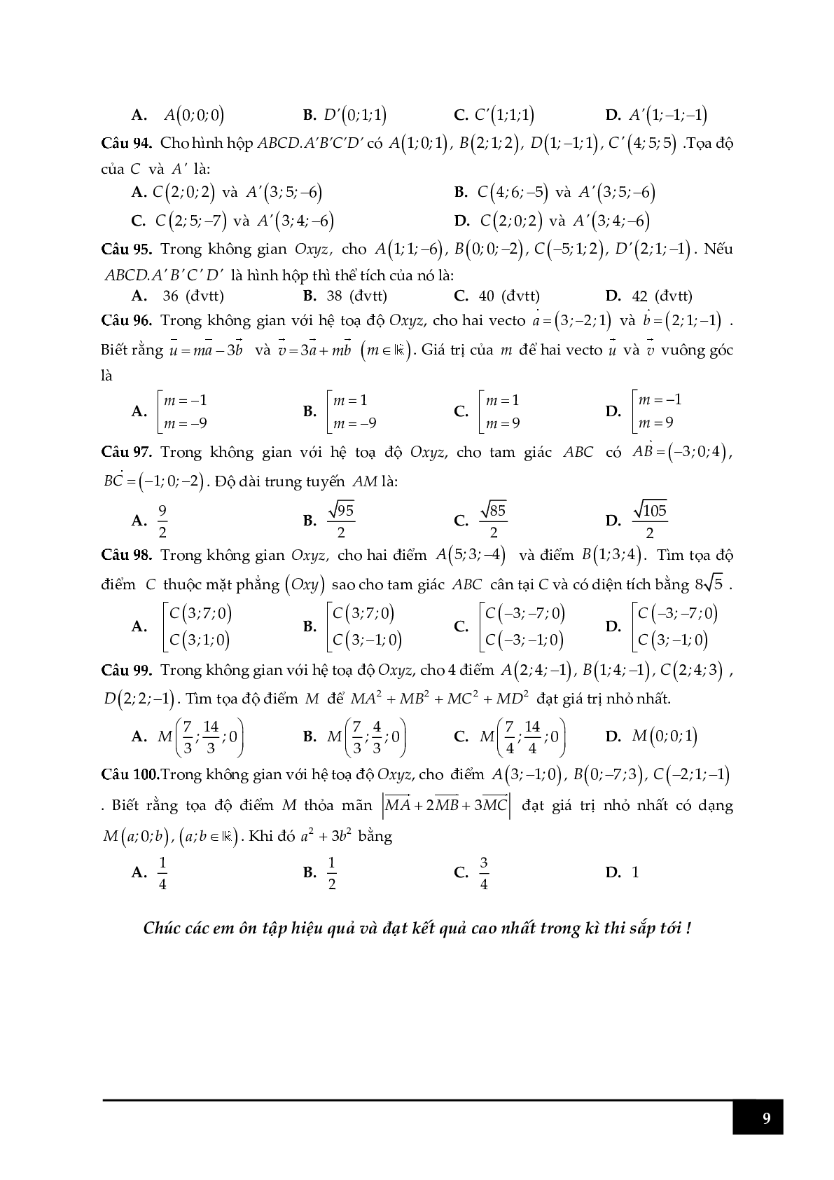 100 câu hỏi trắc nghiệm về tọa độ điểm trong Oxyz (trang 9)