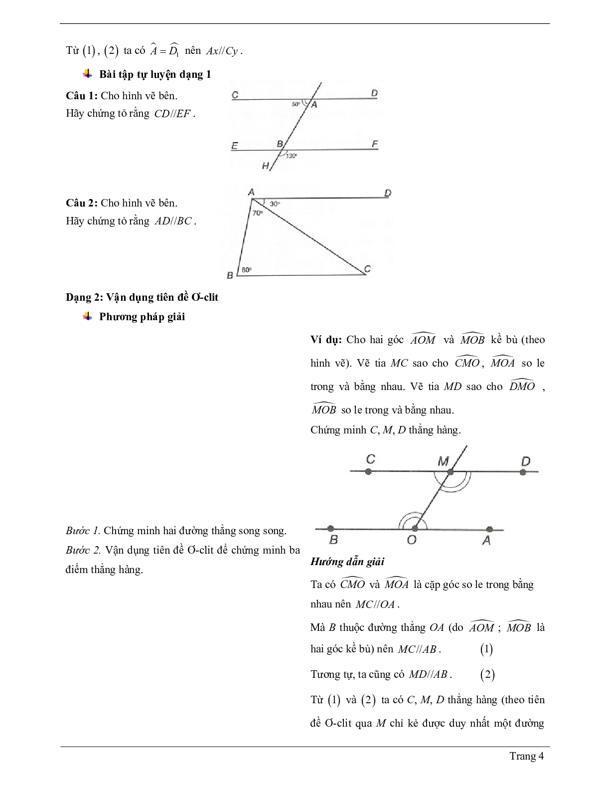 Lý thuyết Toán 7 có đáp án: Hai đường thẳng song song. Tiên đề Ơ-clit về đường thẳng song song (trang 4)