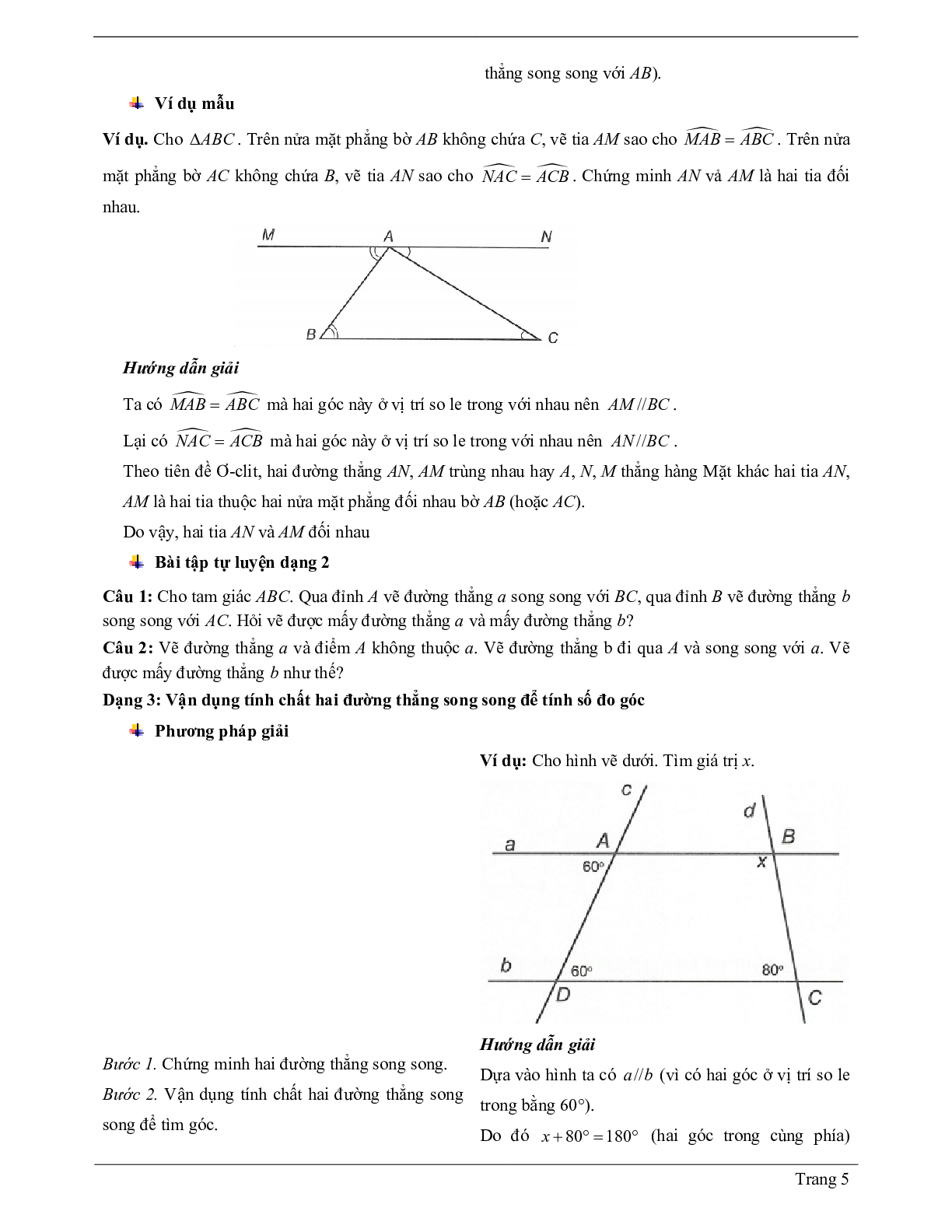 Lý thuyết Toán 7 có đáp án: Hai đường thẳng song song. Tiên đề Ơ-clit về đường thẳng song song (trang 5)