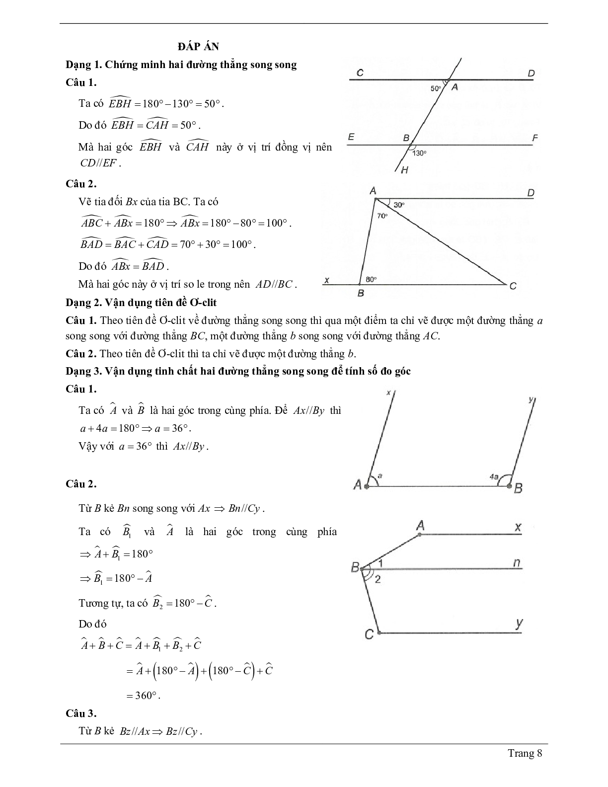 Lý thuyết Toán 7 có đáp án: Hai đường thẳng song song. Tiên đề Ơ-clit về đường thẳng song song (trang 8)