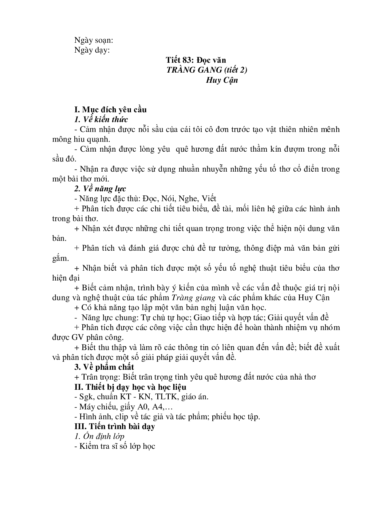 Giáo án Ngữ Văn 11: Tiết 83 Tràng giang tiết 2 mới nhất (trang 1)