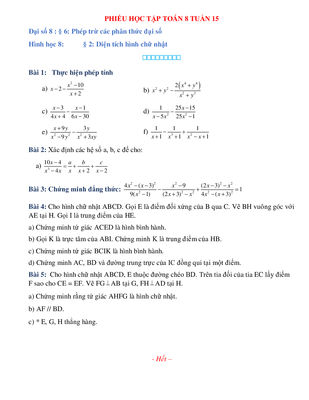 Phiếu bài tập tuần 15 - Toán 8 (trang 1)