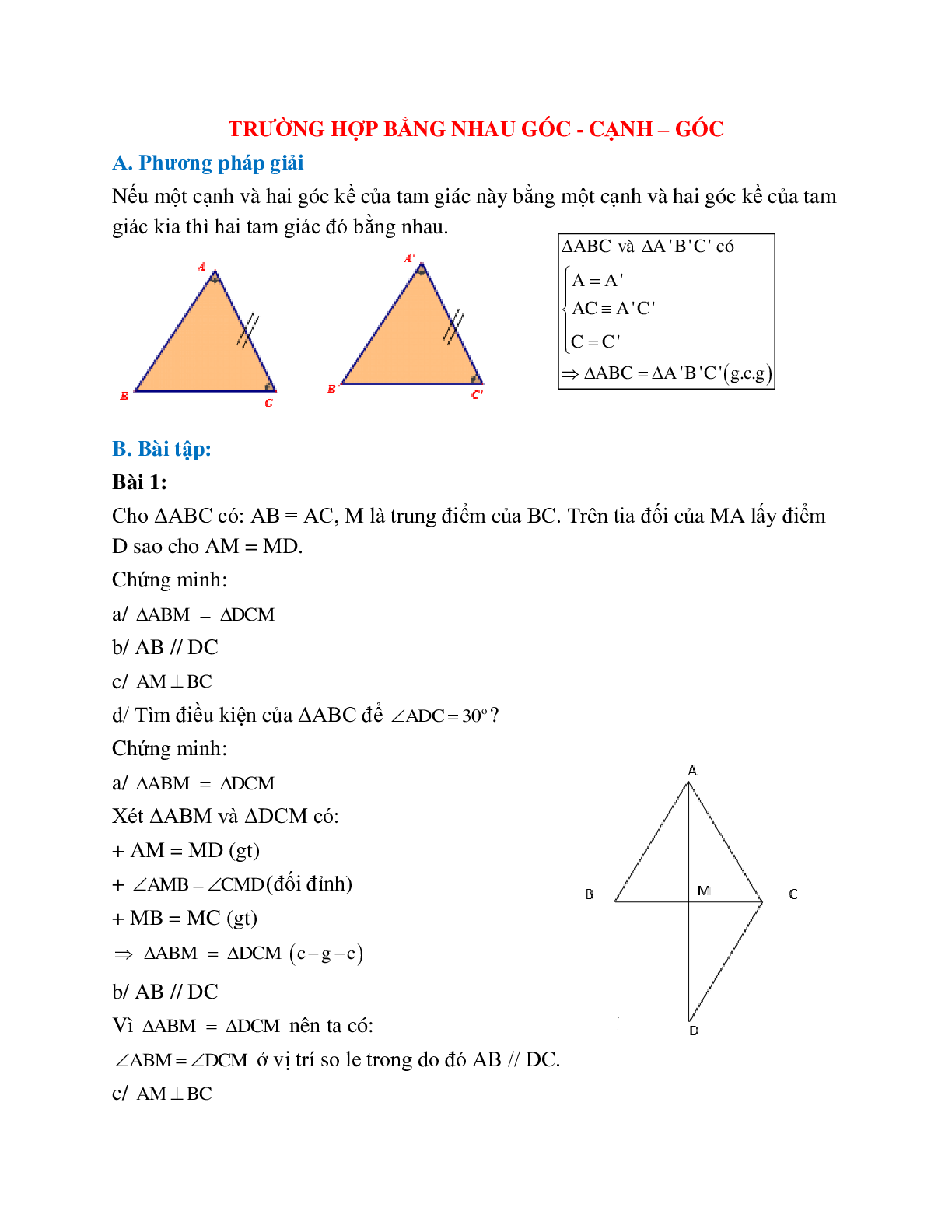 Phương pháp giải bài tập Trường hợp bằng nhau góc - cạnh - góc chọn lọc (trang 1)